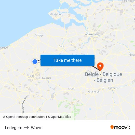 Ledegem to Wavre map