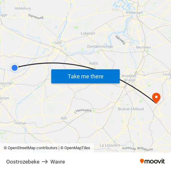 Oostrozebeke to Wavre map