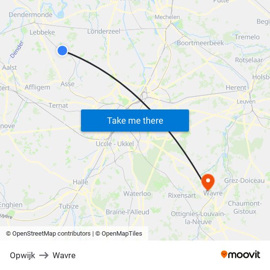 Opwijk to Wavre map