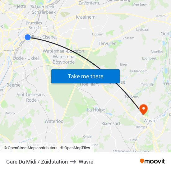 Gare Du Midi / Zuidstation to Wavre map