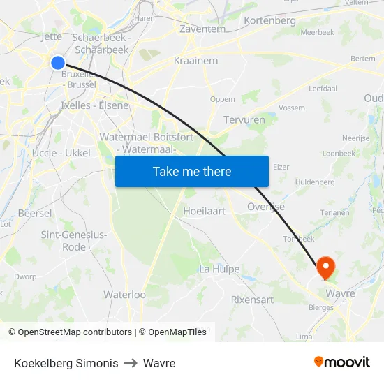 Koekelberg Simonis to Wavre map