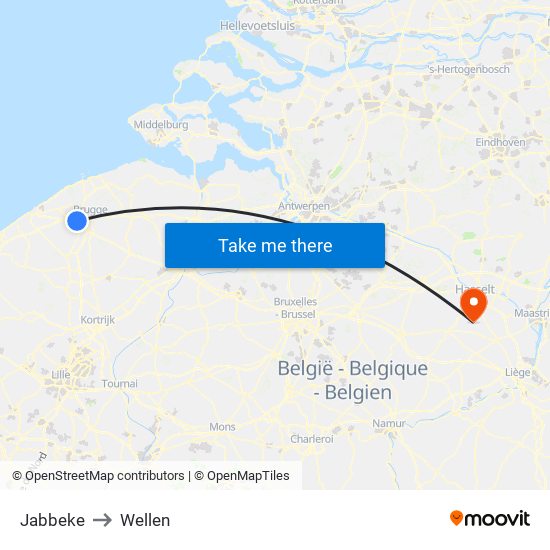 Jabbeke to Wellen map