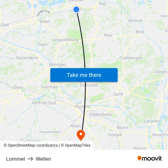 Lommel to Wellen map