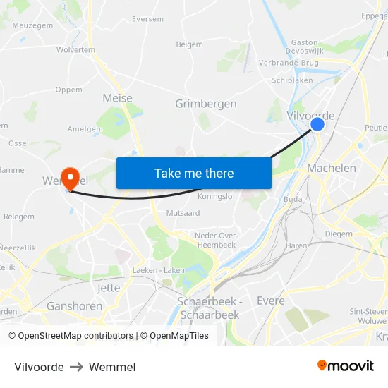 Vilvoorde to Wemmel map