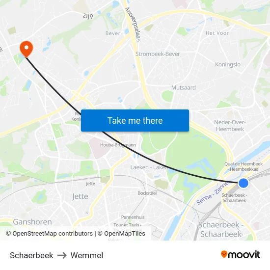 Schaerbeek to Wemmel map