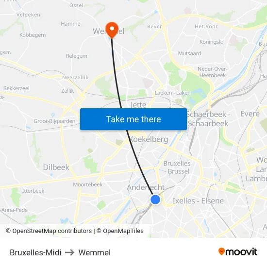 Bruxelles-Midi to Wemmel map