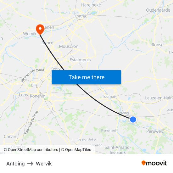 Antoing to Wervik map