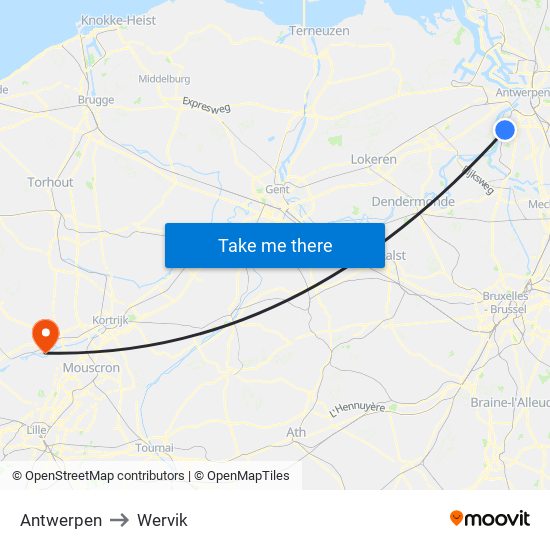 Antwerpen to Wervik map