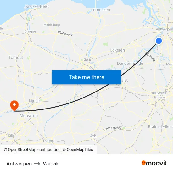 Antwerpen to Wervik map