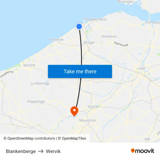 Blankenberge to Wervik map
