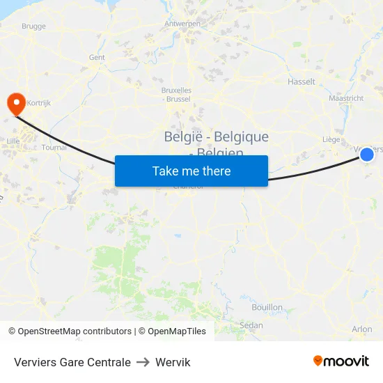 Verviers Gare Centrale to Wervik map