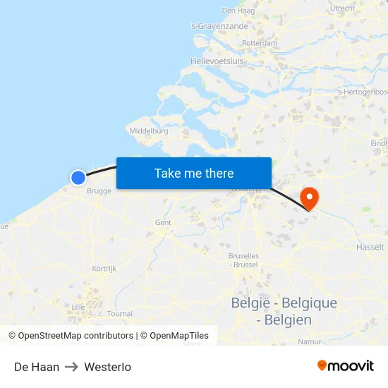 De Haan to Westerlo map