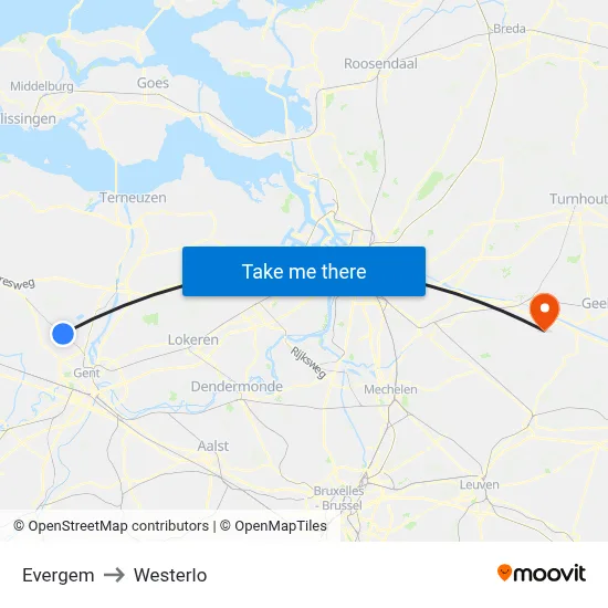 Evergem to Westerlo map