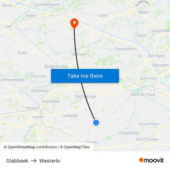 Glabbeek to Westerlo map