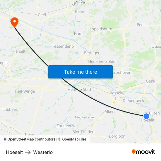 Hoeselt to Westerlo map