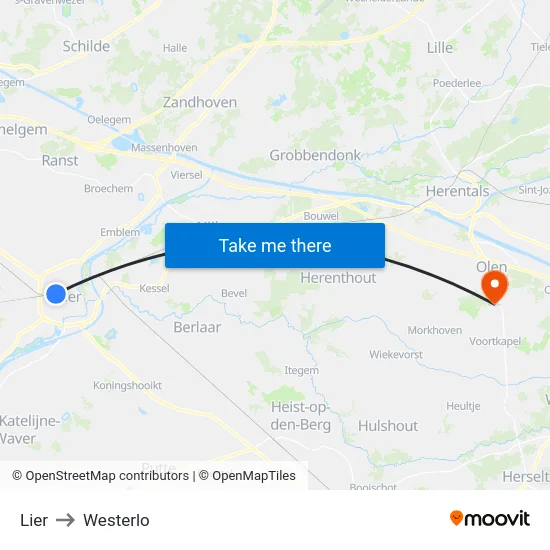 Lier to Westerlo map