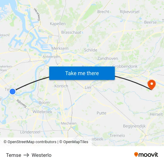 Temse to Westerlo map
