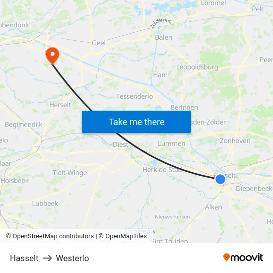 Hasselt to Westerlo map