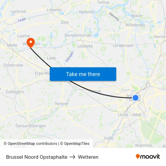 Brussel Noord Opstaphalte to Wetteren map