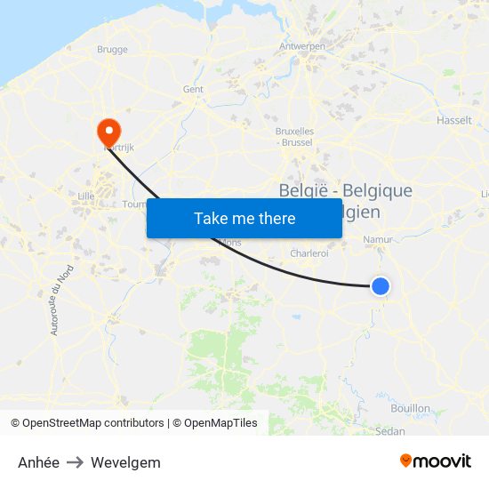 Anhée to Wevelgem map