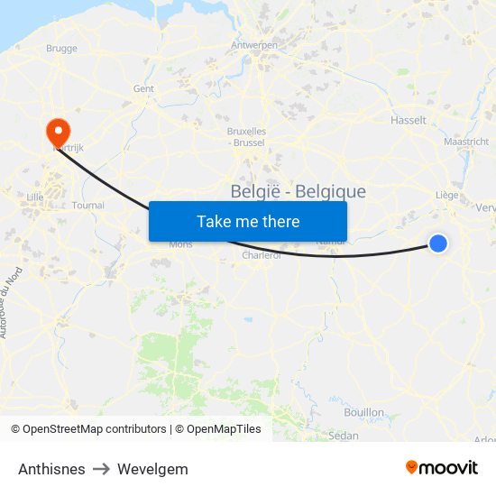 Anthisnes to Wevelgem map