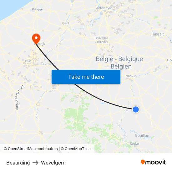 Beauraing to Wevelgem map