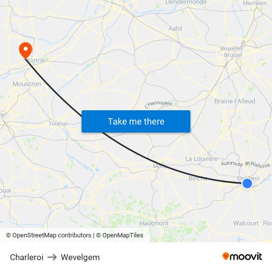 Charleroi to Wevelgem map