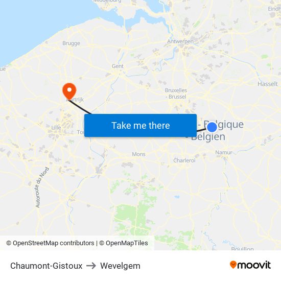 Chaumont-Gistoux to Wevelgem map
