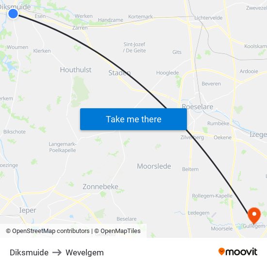 Diksmuide to Wevelgem map