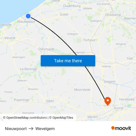 Nieuwpoort to Wevelgem map