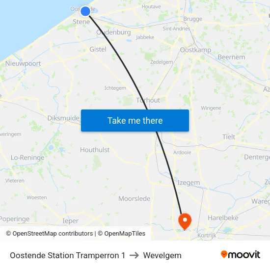 Oostende Station Tram Platform 1 to Wevelgem map