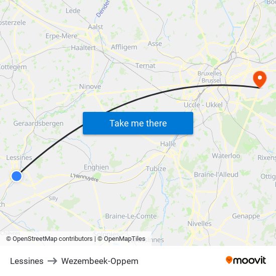 Lessines to Wezembeek-Oppem map