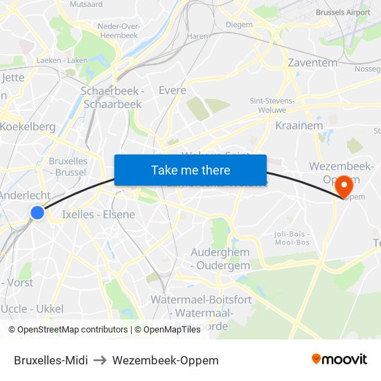Bruxelles-Midi to Wezembeek-Oppem map
