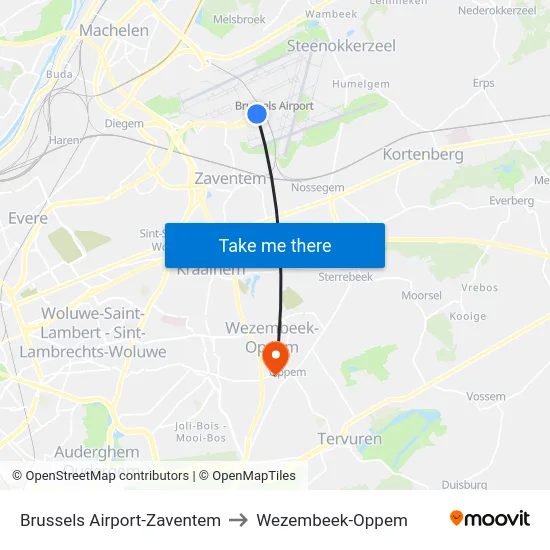 Brussels Airport-Zaventem to Wezembeek-Oppem map