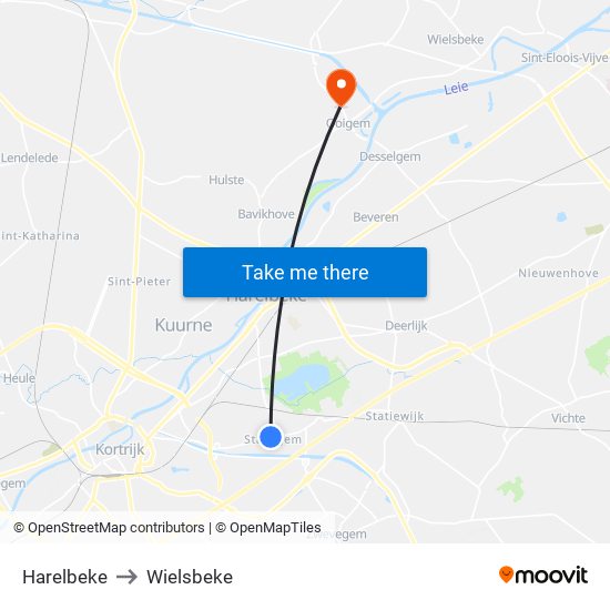 Harelbeke to Wielsbeke map