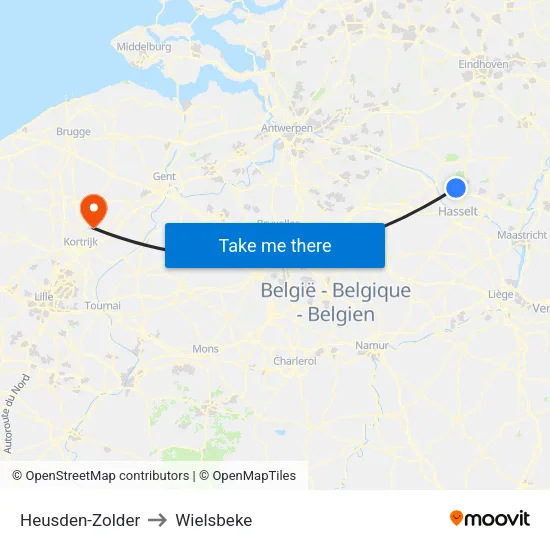 Heusden-Zolder to Wielsbeke map