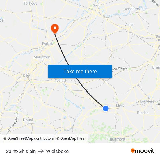 Saint-Ghislain to Wielsbeke map