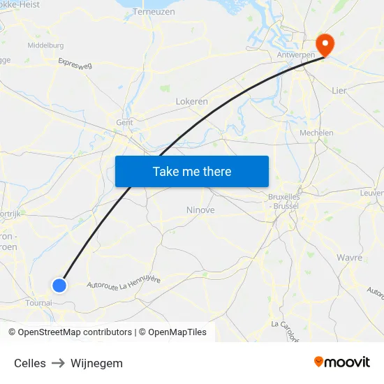 Celles to Wijnegem map