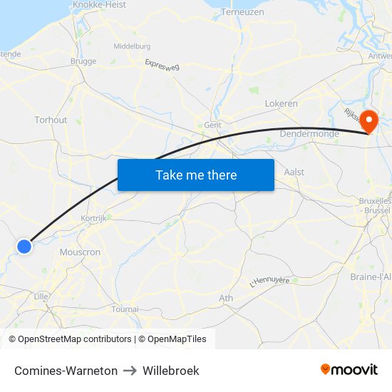 Comines-Warneton to Willebroek map