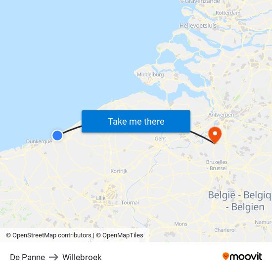 De Panne to Willebroek map