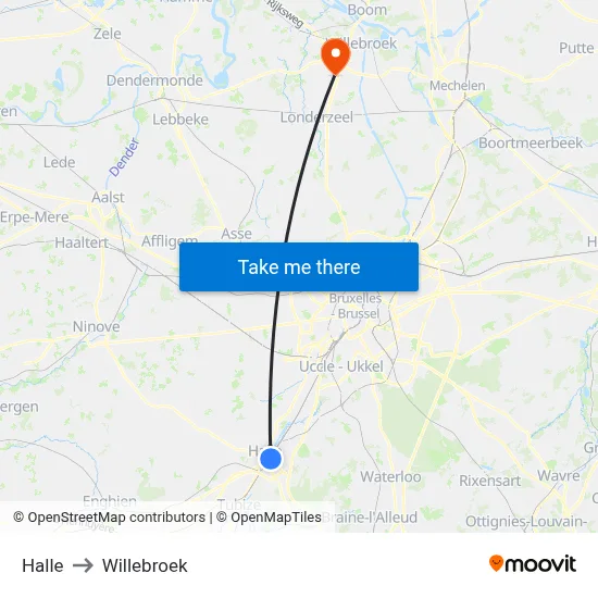 Halle to Willebroek map