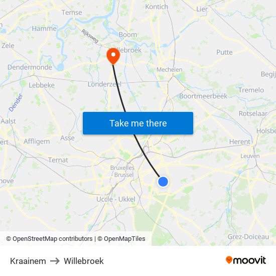 Kraainem to Willebroek map