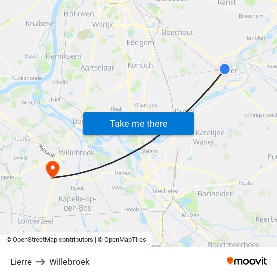 Lierre to Willebroek map