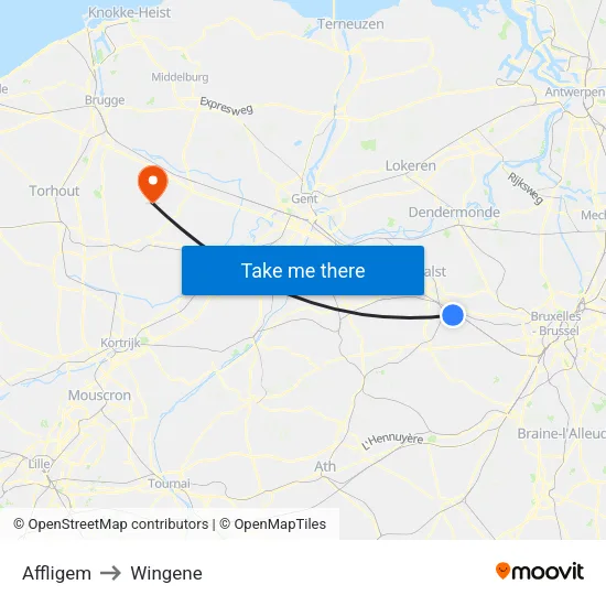 Affligem to Wingene map