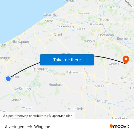 Alveringem to Wingene map