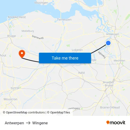 Antwerpen to Wingene map