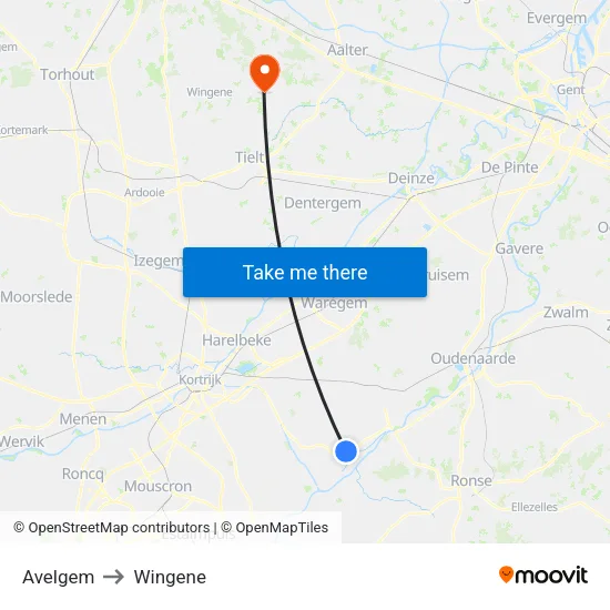 Avelgem to Wingene map