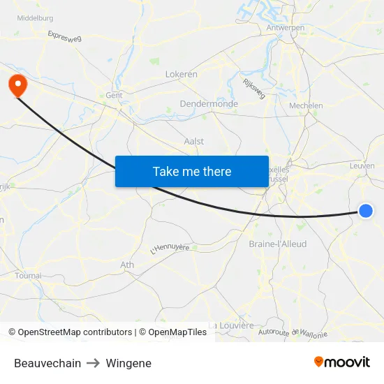 Beauvechain to Wingene map