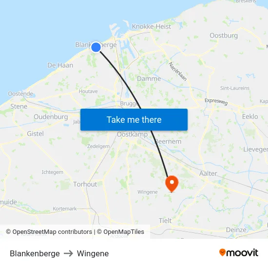 Blankenberge to Wingene map