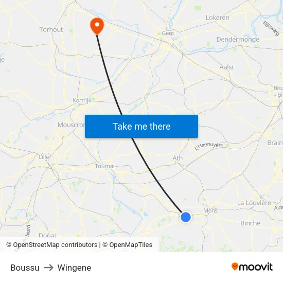 Boussu to Wingene map